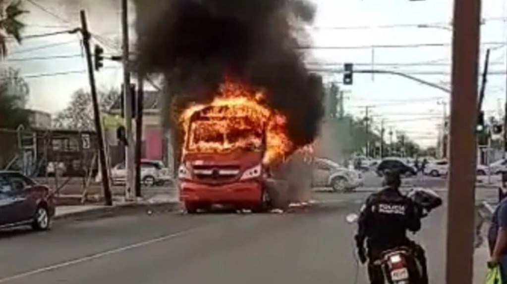 A bus on fire in Tijuana