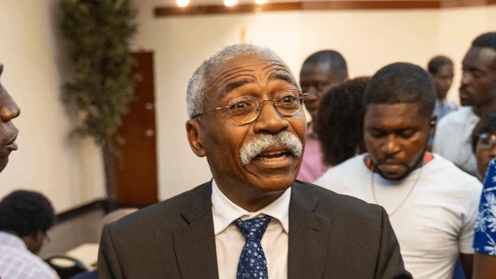 Former Senator, Patrice Dumont, speaks at a press conference at the end of his term