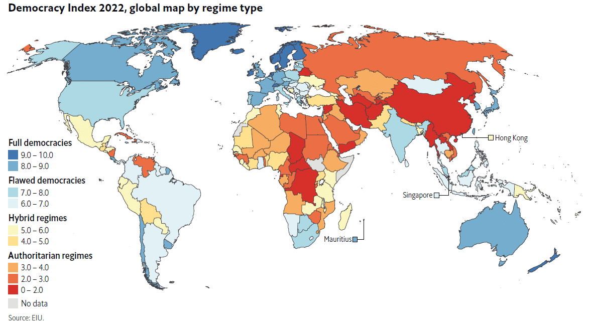 Map of World Democracy Index, 2022 (Economist Intelligence Unit)